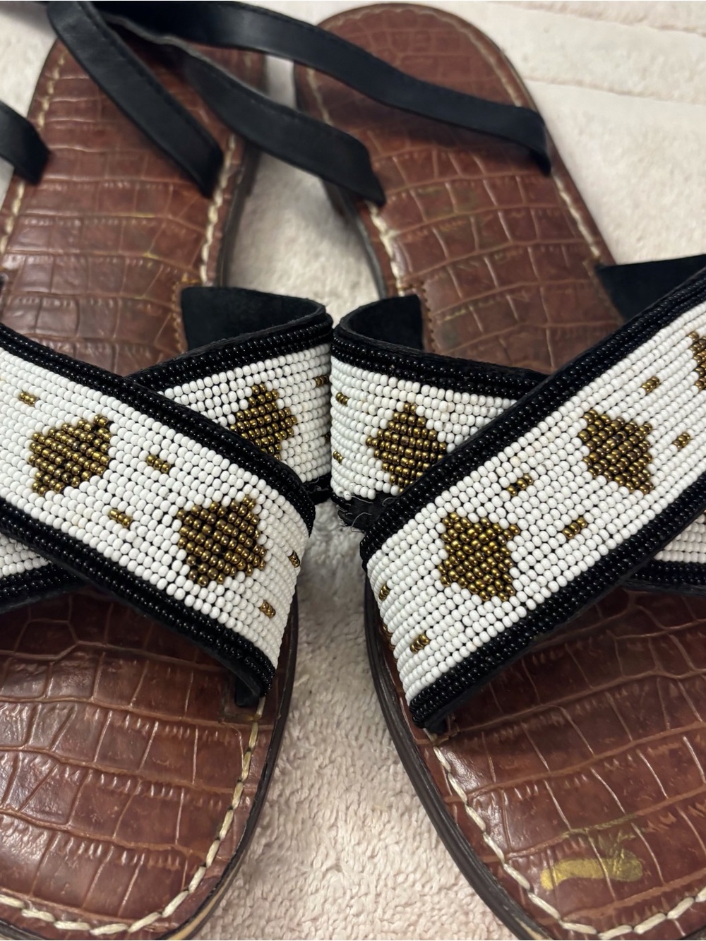 Sam Edelman Brown Leather Slide Sandals with White and Gold Beaded Straps - Picture 5 of 12
